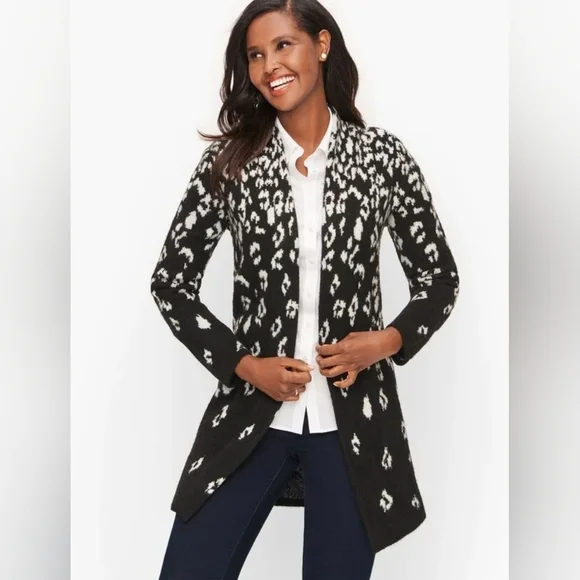 Talbots soft Open front leopard print black white cardigan sz large new - Picture 1 of 7